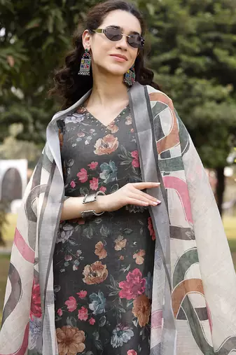 military green floral print lilen a line have a lining kurta trouser dupatta set