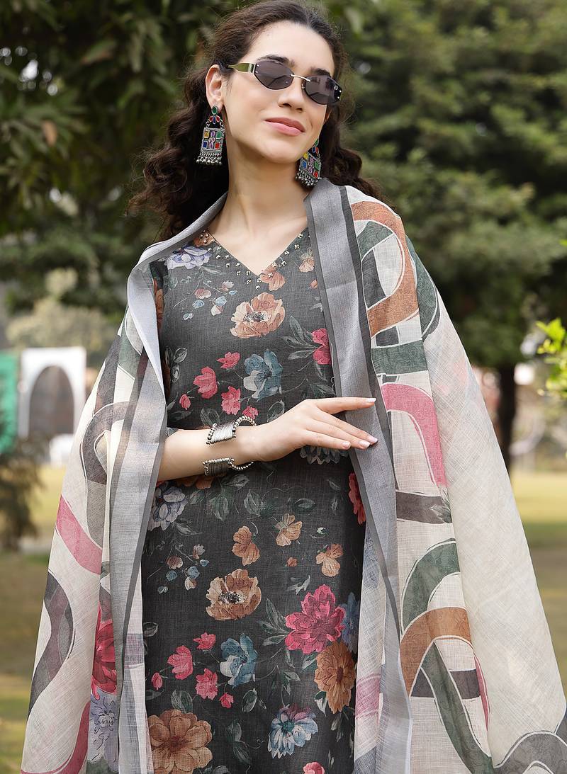military green floral print lilen a line have a lining kurta trouser dupatta set