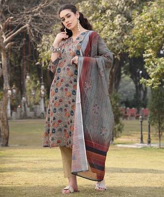 green floral print lilen a line have a lining kurta trouser dupatta set 2
