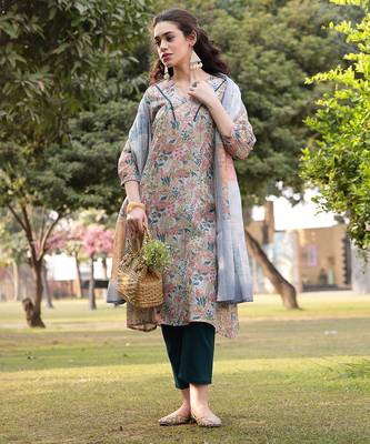 grey floral print lilen a line have a lining kurta trouser dupatta set 1