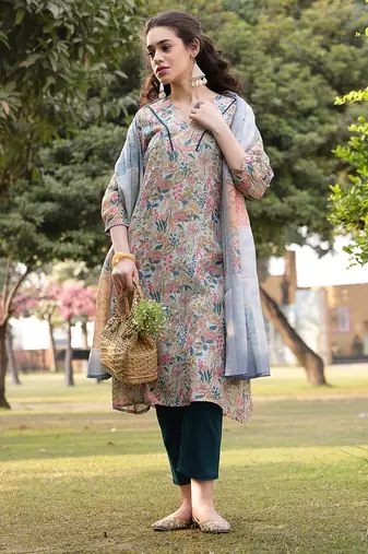 grey floral print lilen a line have a lining kurta trouser dupatta set