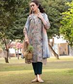 grey floral print lilen a line have a lining kurta trouser dupatta set