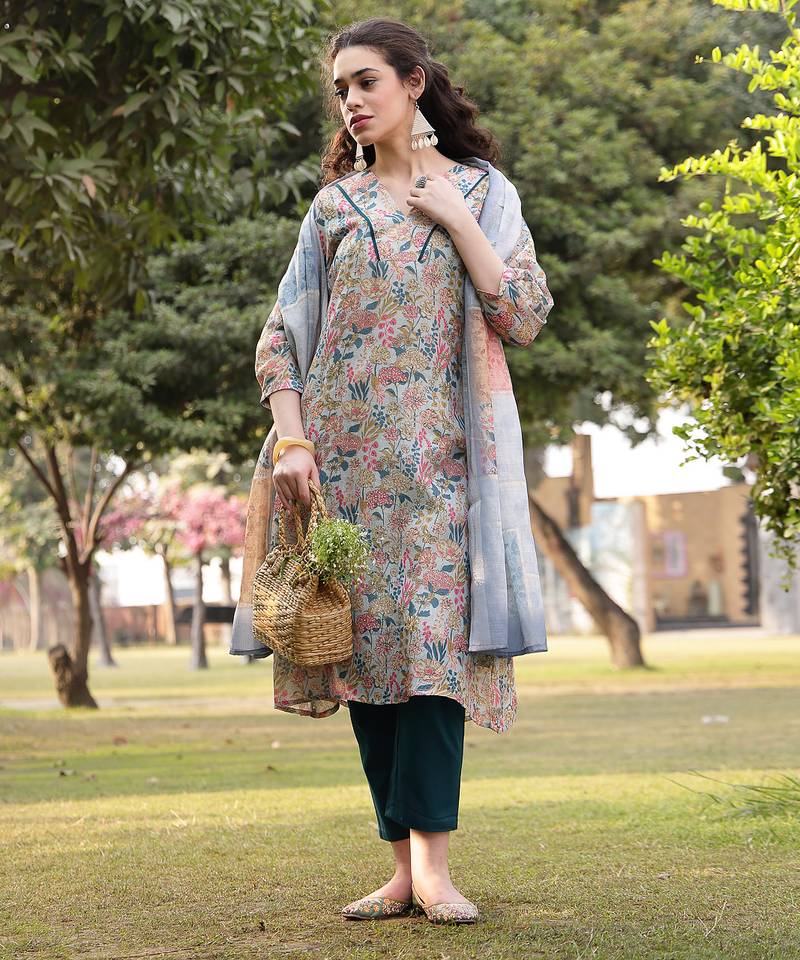 grey floral print lilen a line have a lining kurta trouser dupatta set