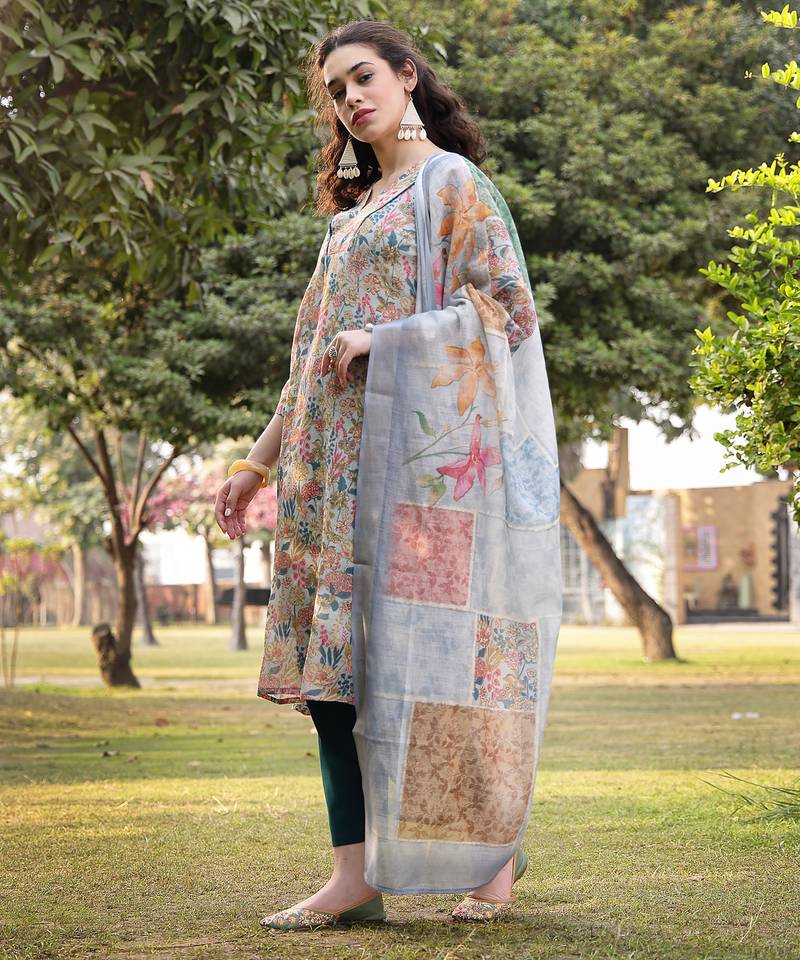 grey floral print lilen a line have a lining kurta trouser dupatta set