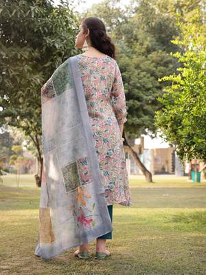 grey floral print lilen a line have a lining kurta trouser dupatta set 3