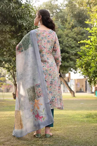 grey floral print lilen a line have a lining kurta trouser dupatta set