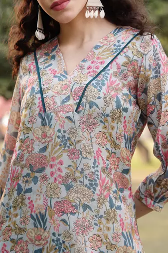 grey floral print lilen a line have a lining kurta trouser dupatta set