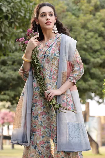 grey floral print lilen a line have a lining kurta trouser dupatta set