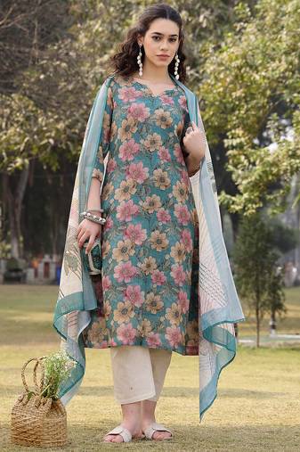 turquoise blue floral print lilen a line have a lining kurta trouser dupatta set