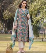 turquoise blue floral print lilen a line have a lining kurta trouser dupatta set