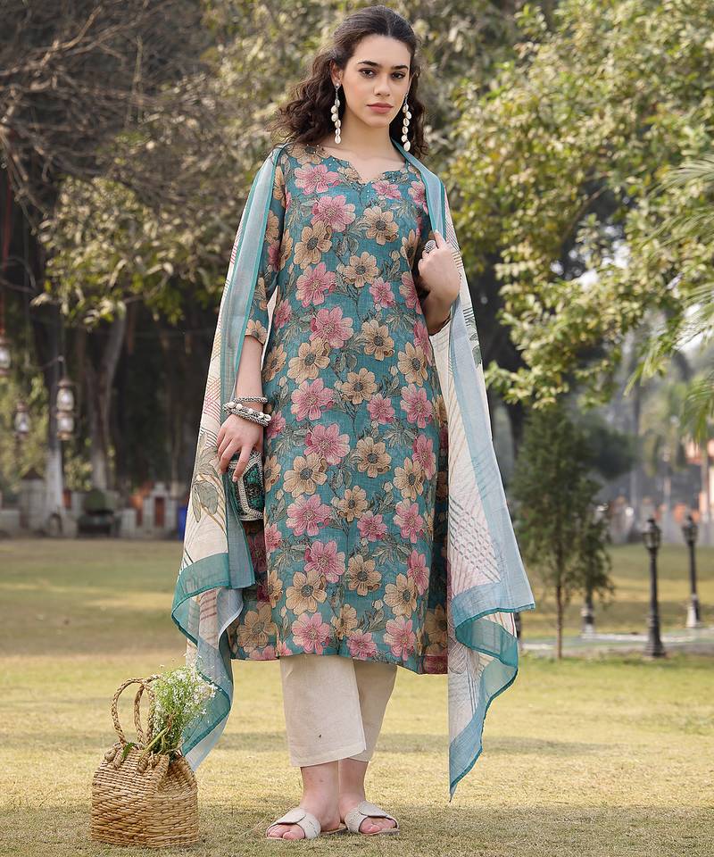 turquoise blue floral print lilen a line have a lining kurta trouser dupatta set