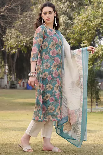 turquoise blue floral print lilen a line have a lining kurta trouser dupatta set