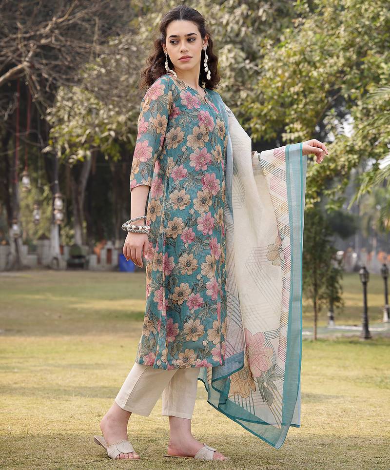 turquoise blue floral print lilen a line have a lining kurta trouser dupatta set
