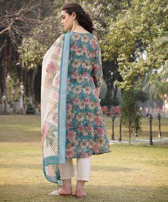 turquoise blue floral print lilen a line have a lining kurta trouser dupatta set 3