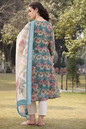 turquoise blue floral print lilen a line have a lining kurta trouser dupatta set