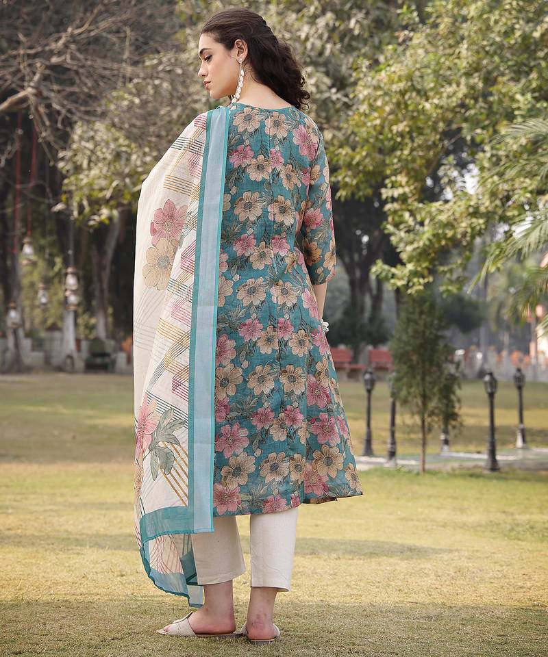 turquoise blue floral print lilen a line have a lining kurta trouser dupatta set