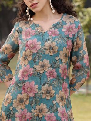 turquoise blue floral print lilen a line have a lining kurta trouser dupatta set 4