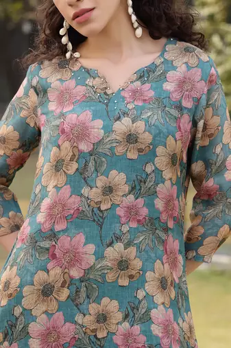 turquoise blue floral print lilen a line have a lining kurta trouser dupatta set