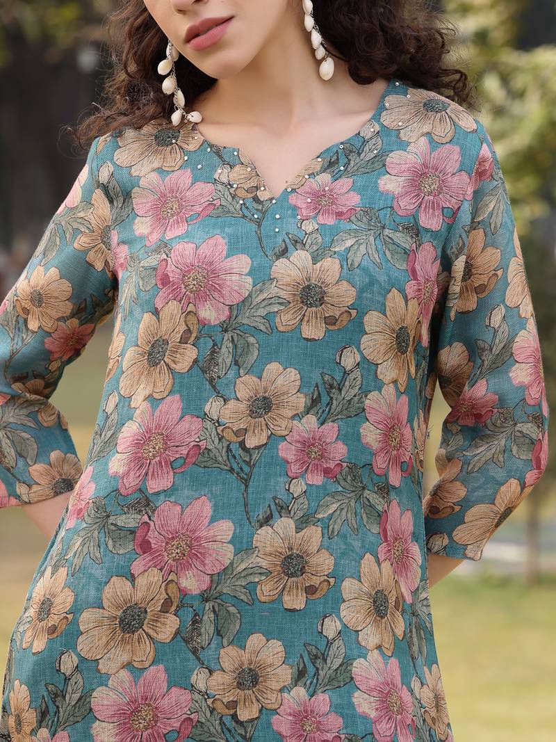 turquoise blue floral print lilen a line have a lining kurta trouser dupatta set
