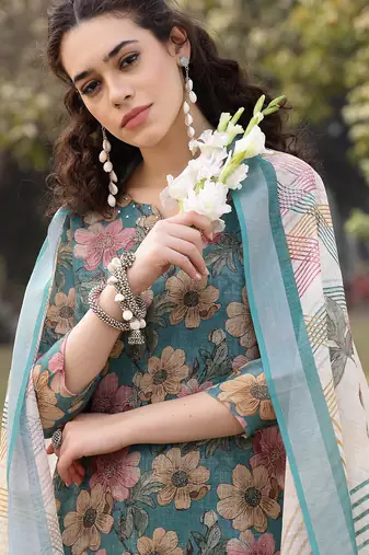 turquoise blue floral print lilen a line have a lining kurta trouser dupatta set