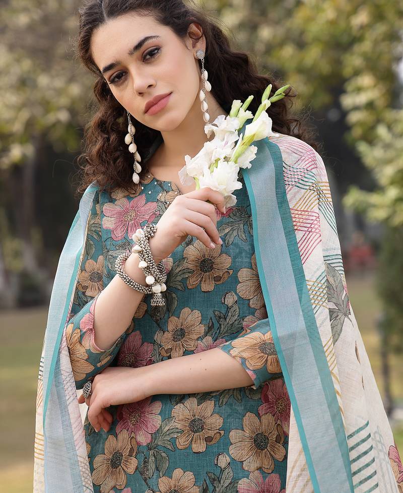 turquoise blue floral print lilen a line have a lining kurta trouser dupatta set
