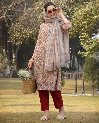 beige floral print lilen a line have a lining kurta trouser dupatta set 1