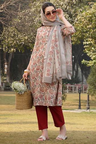 beige floral print lilen a line have a lining kurta trouser dupatta set