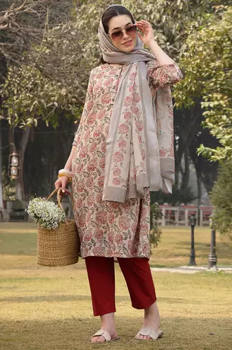 beige floral print lilen a line have a lining kurta trouser dupatta set