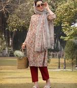 beige floral print lilen a line have a lining kurta trouser dupatta set