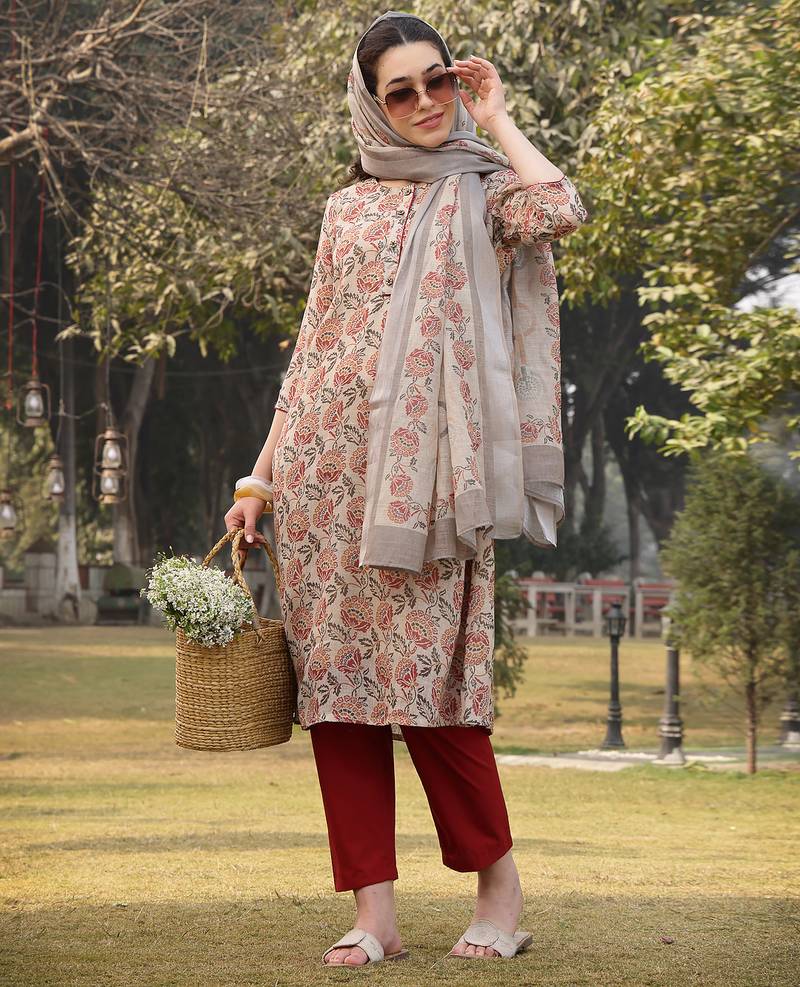 beige floral print lilen a line have a lining kurta trouser dupatta set