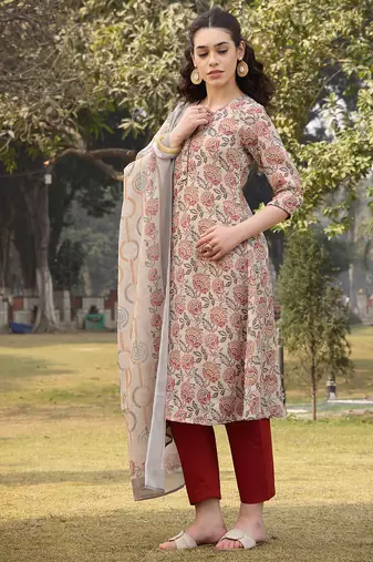 beige floral print lilen a line have a lining kurta trouser dupatta set