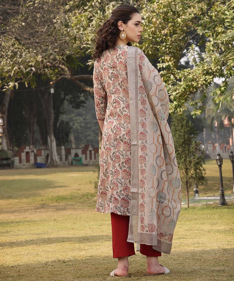 beige floral print lilen a line have a lining kurta trouser dupatta set
