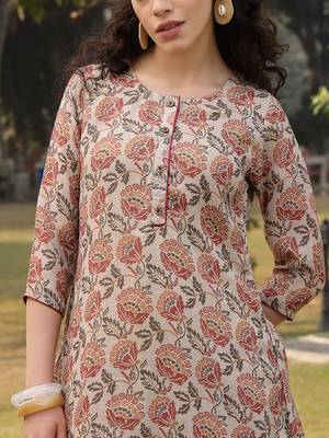 beige floral print lilen a line have a lining kurta trouser dupatta set 4