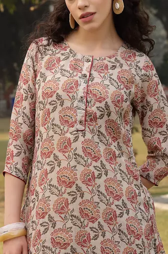 beige floral print lilen a line have a lining kurta trouser dupatta set
