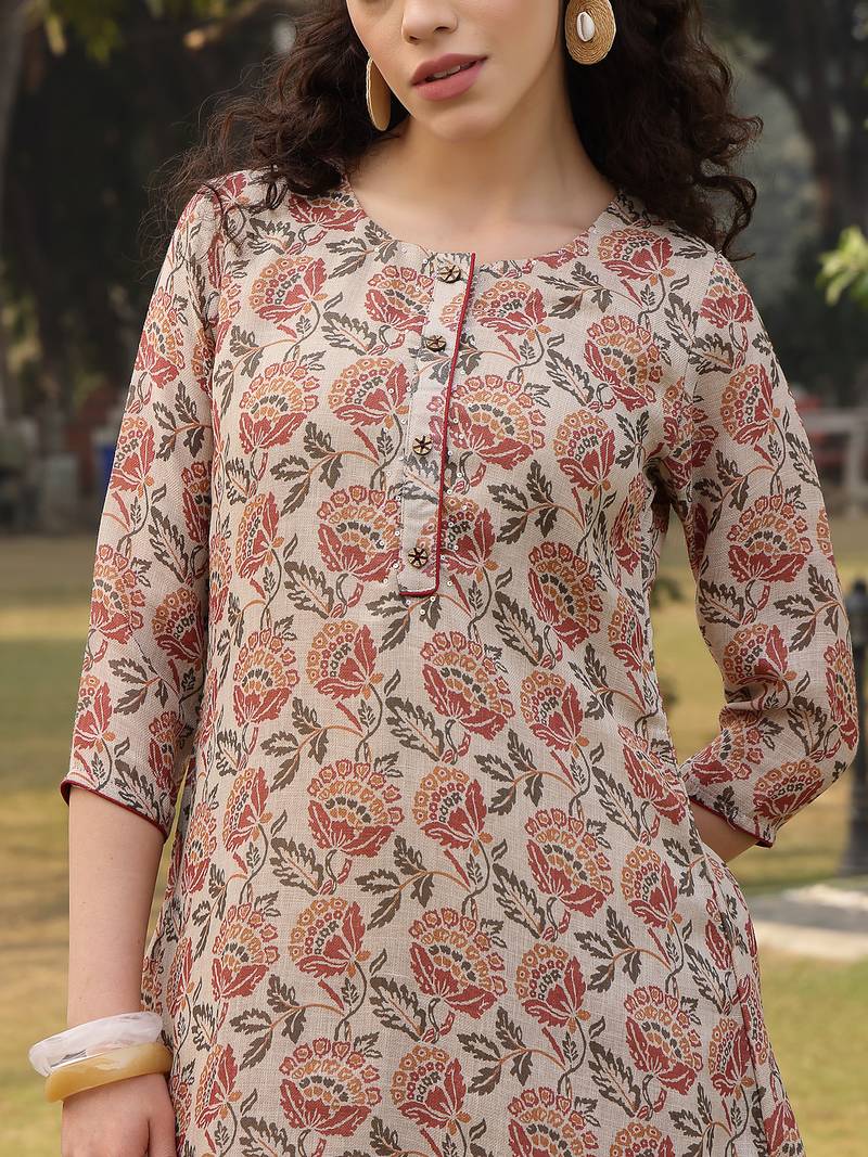 beige floral print lilen a line have a lining kurta trouser dupatta set