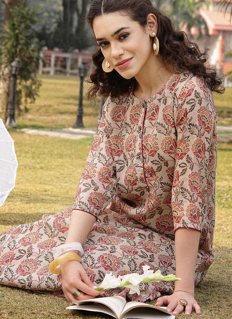 beige floral print lilen a line have a lining kurta trouser dupatta set