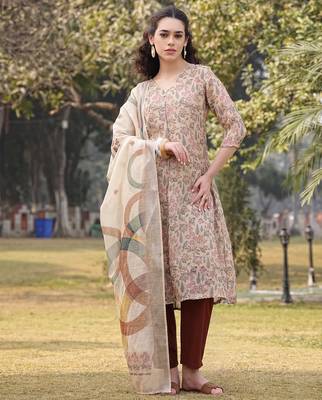 beige floral lilen a line have a lining kurta trouser dupatta set 1