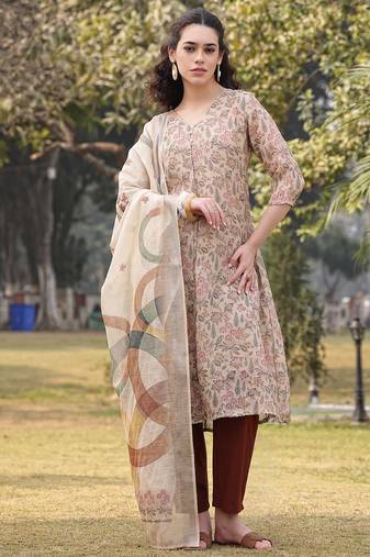 beige floral lilen a line have a lining kurta trouser dupatta set