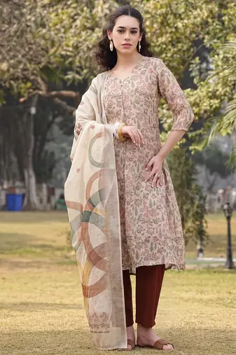 beige floral lilen a line have a lining kurta trouser dupatta set