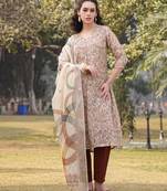 beige floral lilen a line have a lining kurta trouser dupatta set