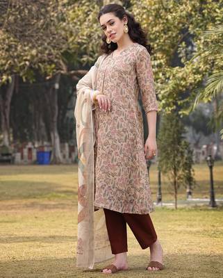 beige floral lilen a line have a lining kurta trouser dupatta set 2