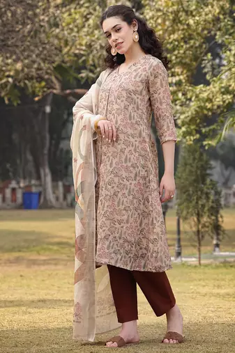 beige floral lilen a line have a lining kurta trouser dupatta set