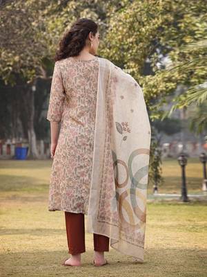beige floral lilen a line have a lining kurta trouser dupatta set 3