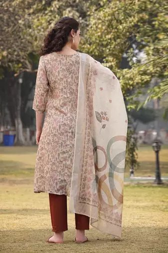 beige floral lilen a line have a lining kurta trouser dupatta set