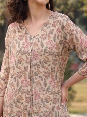beige floral lilen a line have a lining kurta trouser dupatta set 4