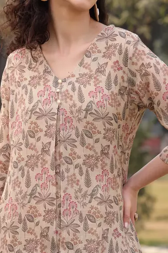 beige floral lilen a line have a lining kurta trouser dupatta set
