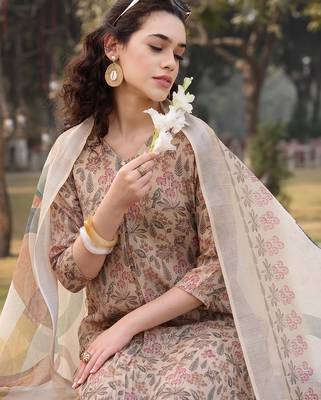 beige floral lilen a line have a lining kurta trouser dupatta set 5