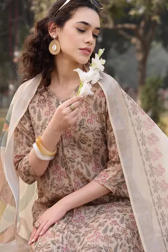 beige floral lilen a line have a lining kurta trouser dupatta set