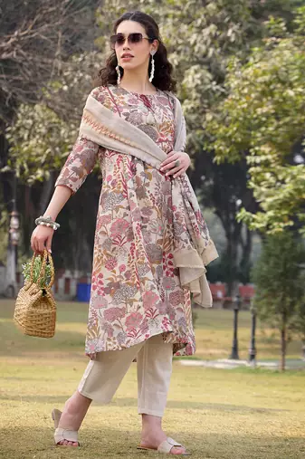 beige lilen a-line sequins work have a lining kurta trouser dupatta set