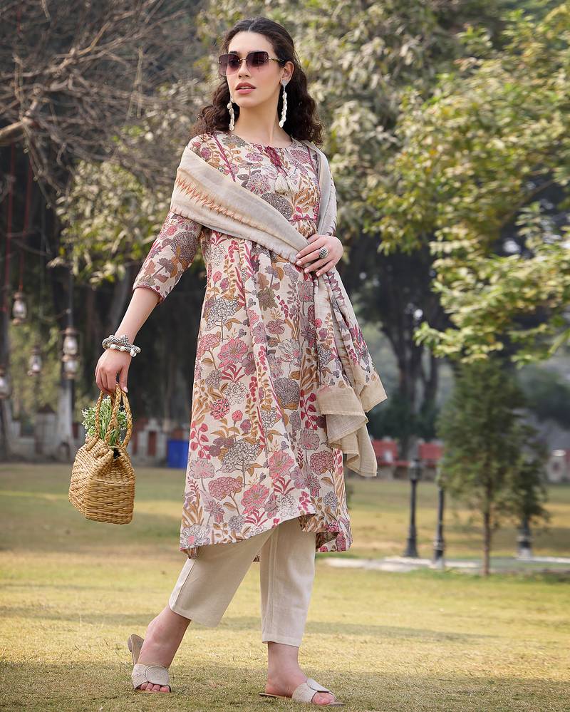 beige lilen a-line sequins work have a lining kurta trouser dupatta set